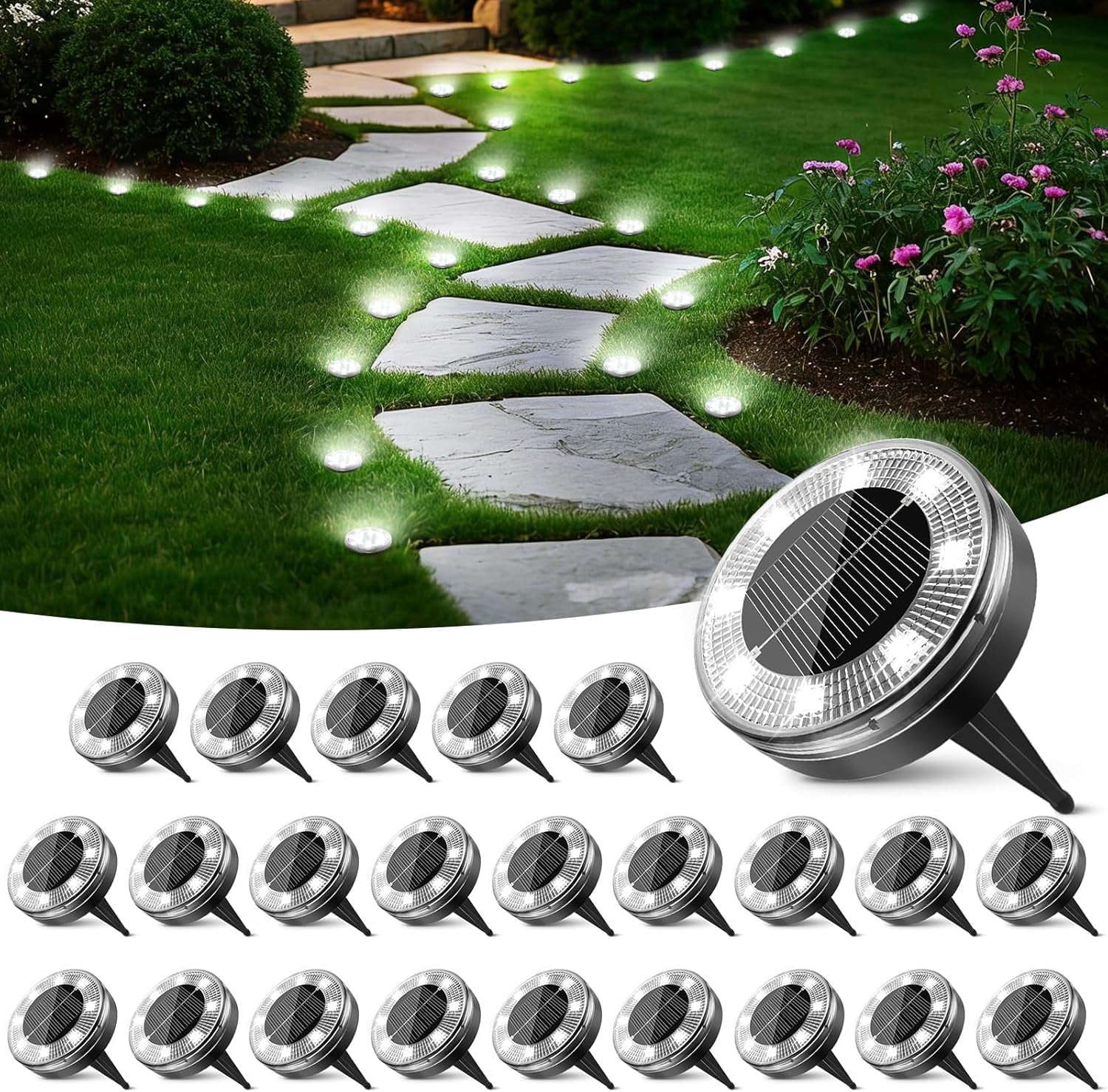 Peasur 24 Pack Solar Ground Lights Outdoor (Cool White), Solar Disc Lights, Solar Ground Lights Outdoor Waterproof