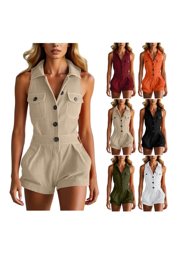 Womens Casual V Neck Romper Shorts Trendy Cargo Jumpsuit for Ladies Sleeveless One Piece Jumpsuits Summer Boho Outfit Army Green,S