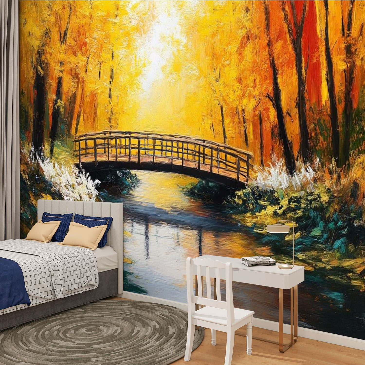 Peel and Stick Wallpaper Oil Painting Landscape Colorful Autumn Forest Beautiful River Autumn Modern Art Wall Mural Decor Self Adhesive and Removable 100in x 144in