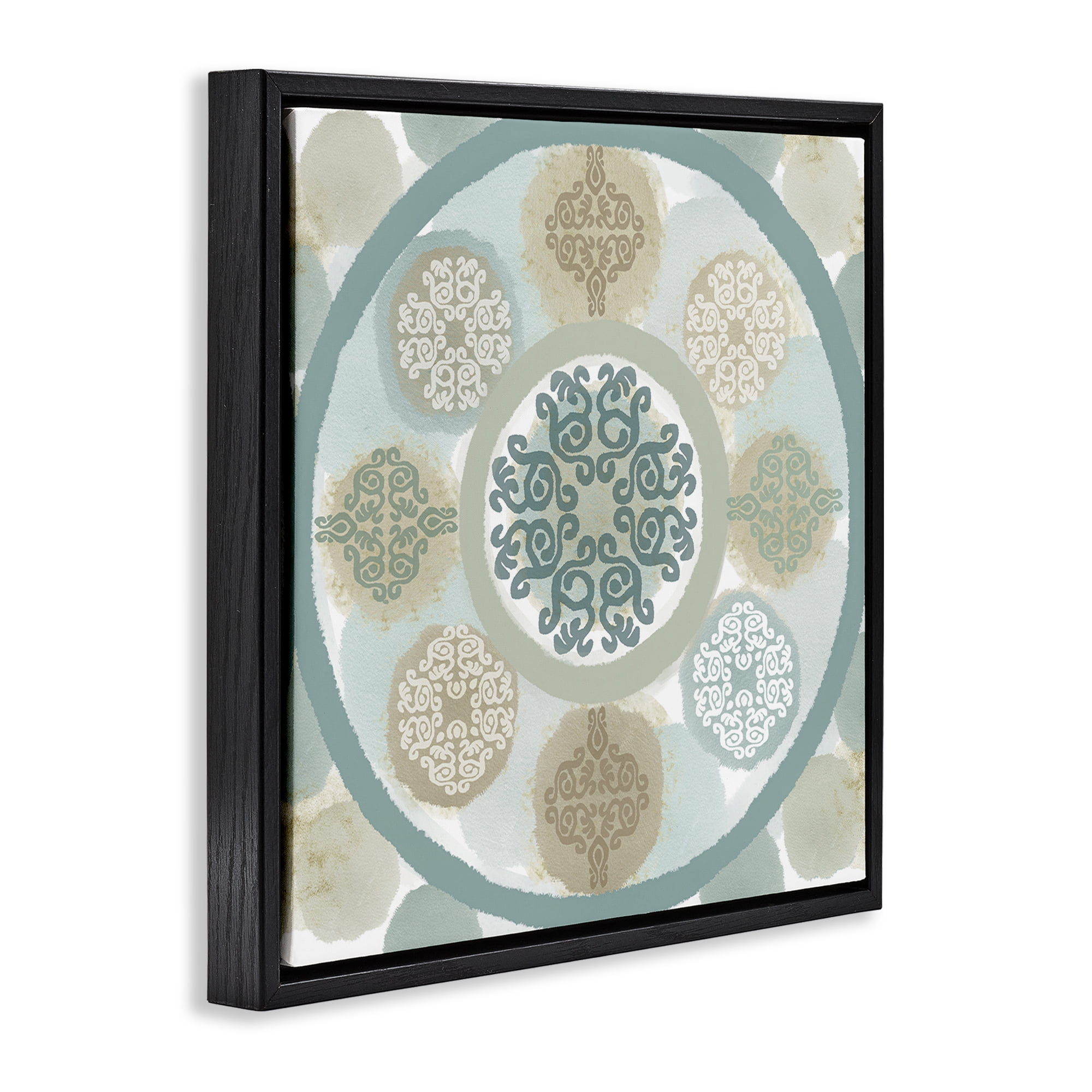 Stupell Industries Mint Mandala Fractals Abstract Painting Black Floater Framed Canvas Art Print Wall Art, 25 x 25