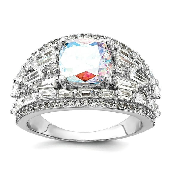 925 Sterling Silver Rhodium Plated Clear and Iridescent Cubic Zirconia Ring Size 8 Ring for Women