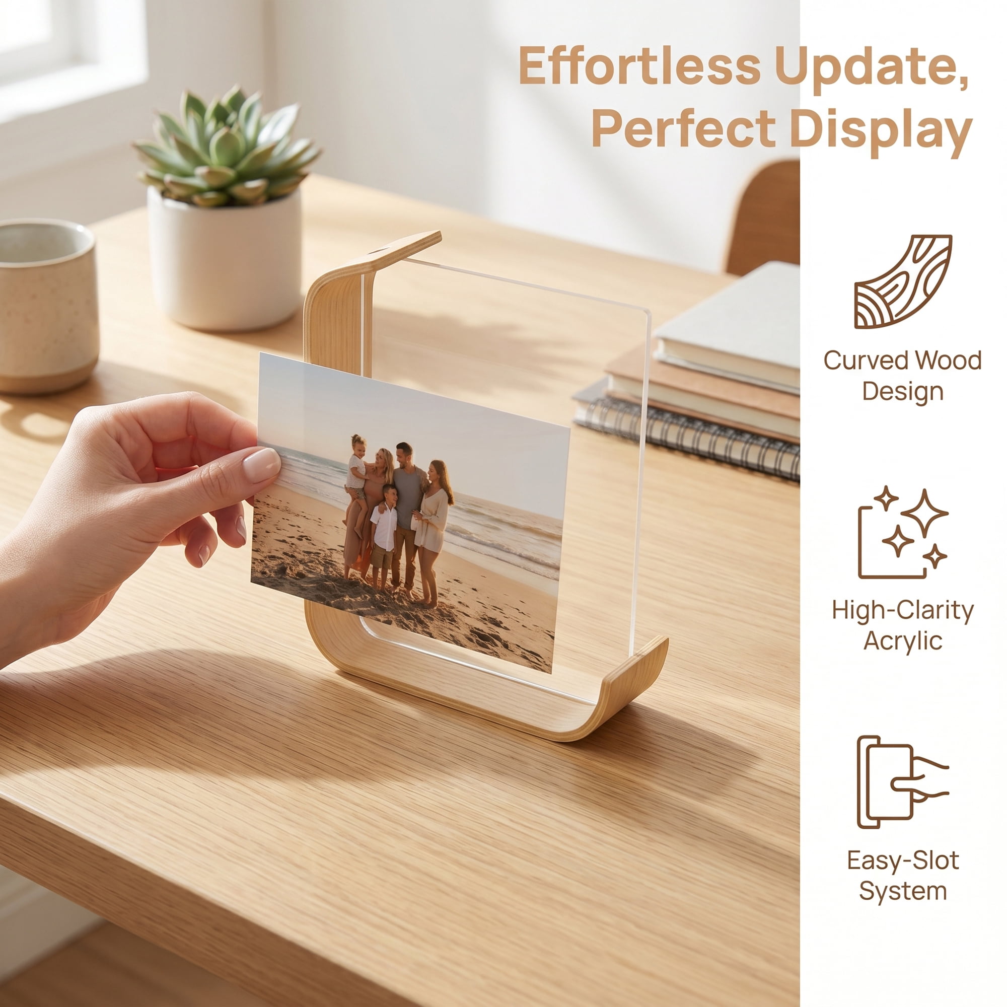 Unique Bargains Double Sided Acrylic Photo Frame with MDF Base Natural Wood Color 5" x 7"