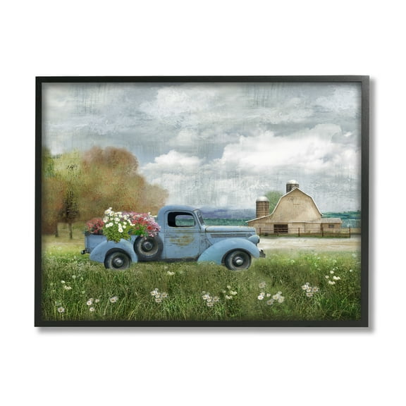 Stupell Industries Vintage Blue Truck Flower Bouquet Cloudy Sky Farmhouse , 30 x 24, Design by Nan
