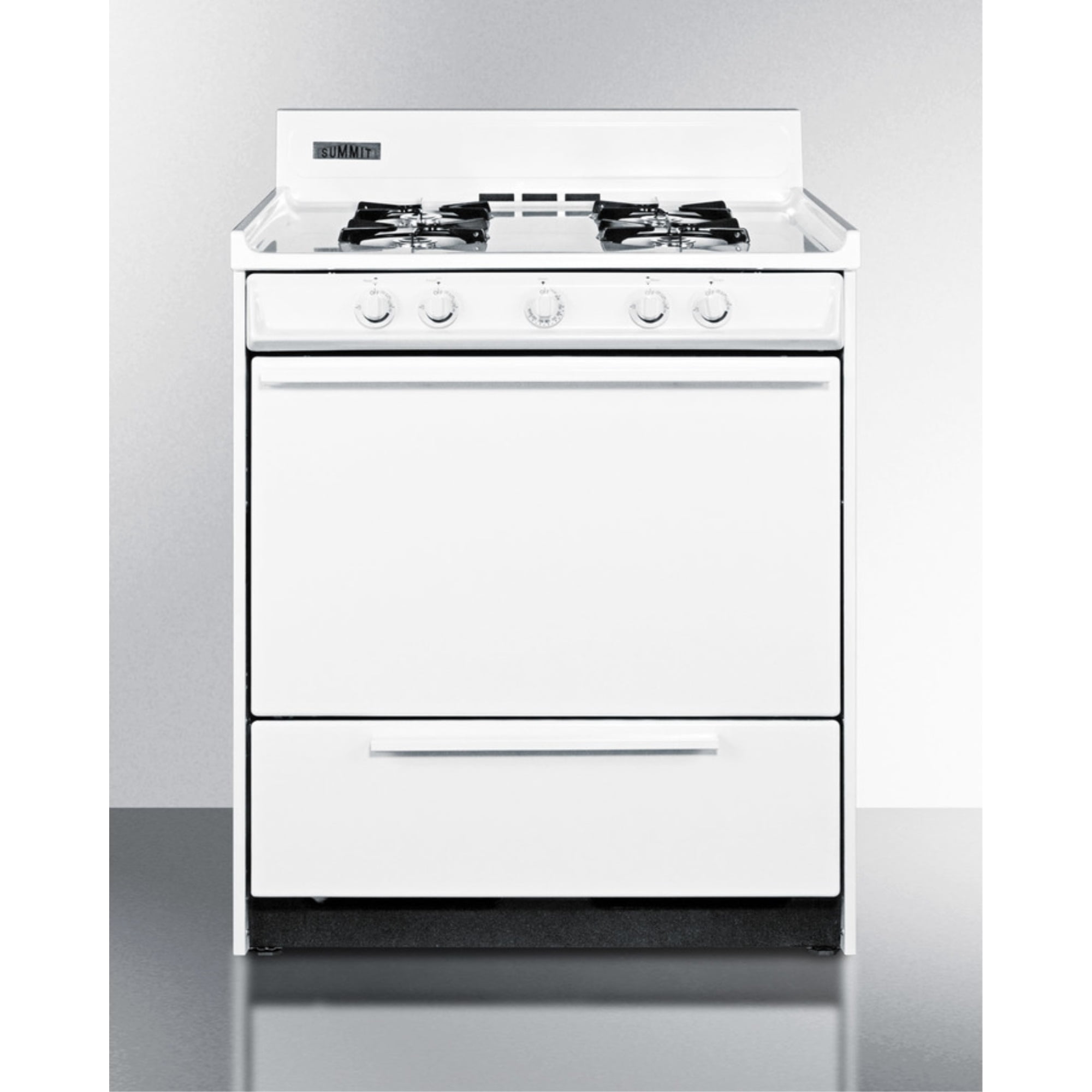 30" wide gas range in white with open burners and spark ignition