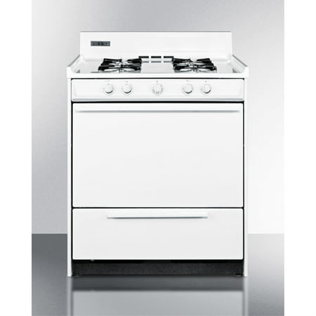 30  wide gas range in white with open burners and spark ignition