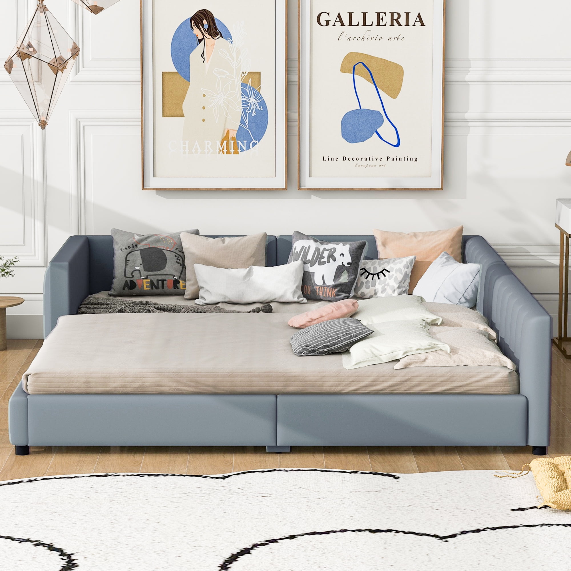Harper & Bright Designs Wooden Mother Bed Frame Queen and Twin XL Size Daybed, PU Leather Upholstered Grounded Platform Bed, Gray
