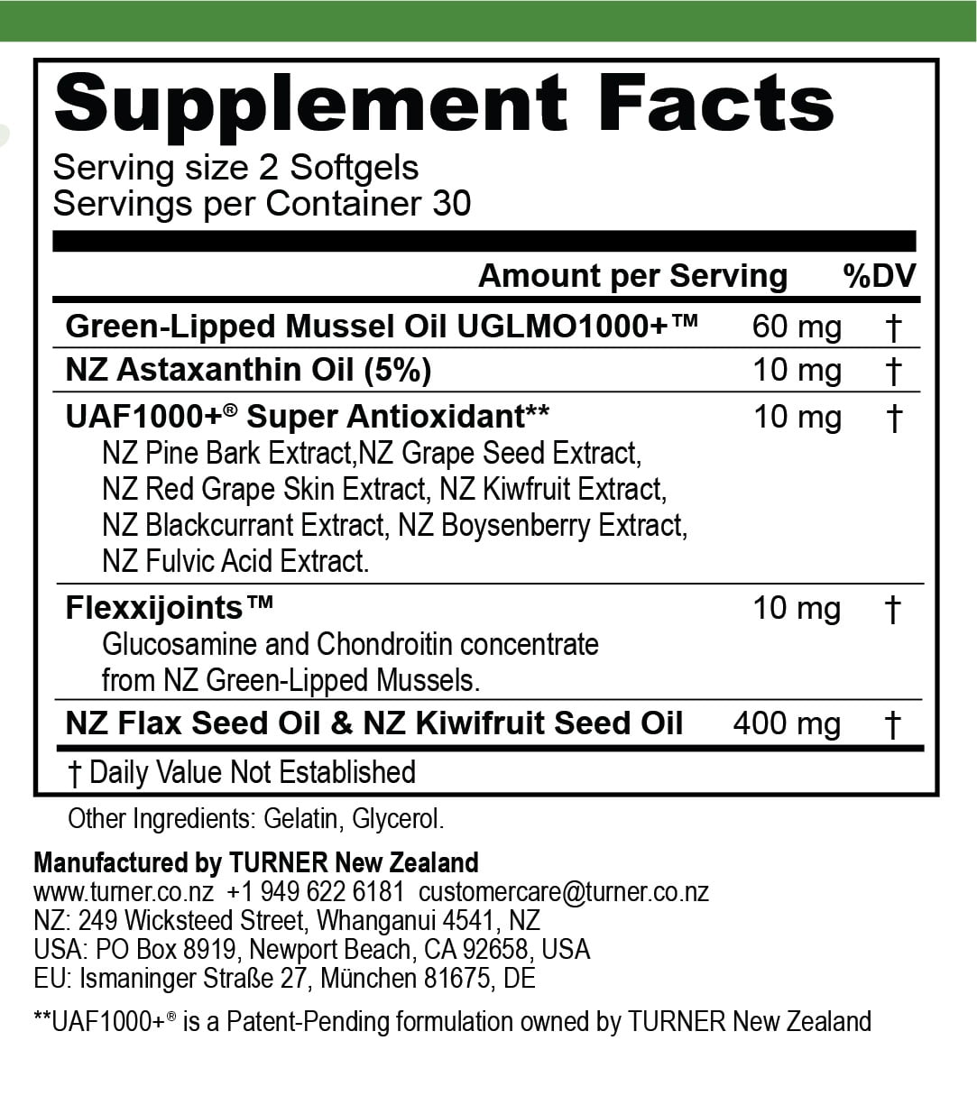 TURNER Green Lipped Mussel Oil Omega 3 Supplement Capsules, 2 Pack, 120 Count