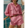 thumbnail image 3 of Jaimenalin Womens Solid Color 2 Piece Outfits Long Sleeve Lapel Button Loose Fit Top Mini Shorts Summer Set Pink L, 3 of 5