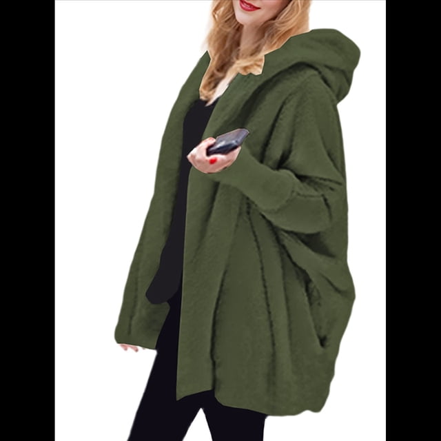 Chaqueta con Capucha y Cuello en V de Larga de Color Liso para Mujer, Informal, Holgada, de Felpa, Sin Botones. Verde 5XL