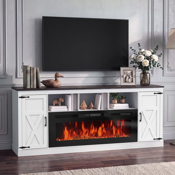 Jableast 80.7" Fireplace TV Stand for TVs up to 90", Farmhouse Entertainment Center with 50" Electric Fireplace, Storage Cabinets, White