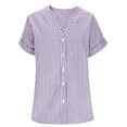 thumbnail image 5 of AKOEE Striped Button Up Shirts Women V Neck Plus Size Beach Summer Casual Short Sleeve Blouses Loose Fit, Purple 3XL, 5 of 7