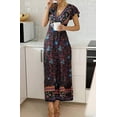 thumbnail image 4 of Vestido largo bohemio con estampado floral, cuello en V, manga corta, abertura para fiesta en la playa para mujer, 4 of 8