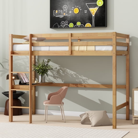 Twin High Loft Bed, Rubber Wood Loft Bed with Safety Guardrail, Built-in Desk, Ladder,White Oak