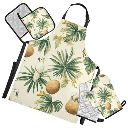 5 Pcs Kitchen Set Heat Resistant Oven Mitts and Non-Slip Pot Holders with Adjustable Cooking Apron Cockatoos Coconuts Leaf