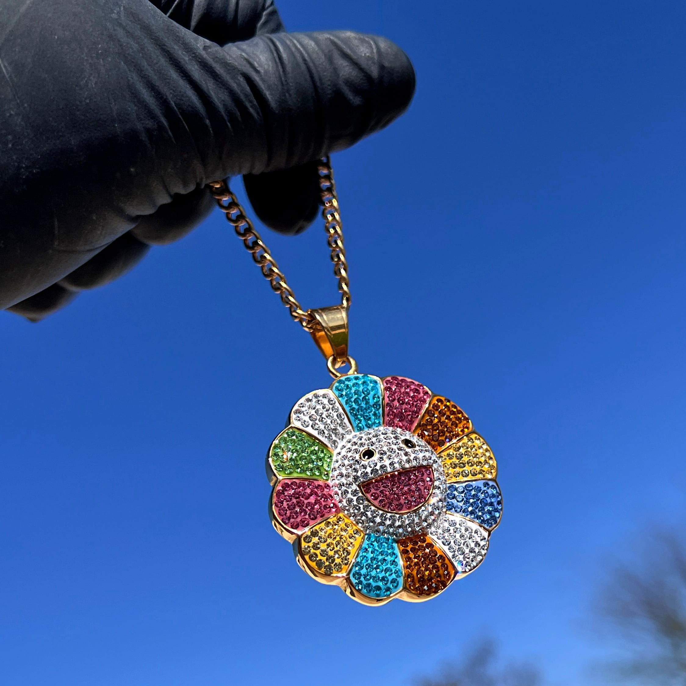 アクセサリー sunflower Rainbow Flower Happy Face CZ Sunflower Pendant Gold Plated