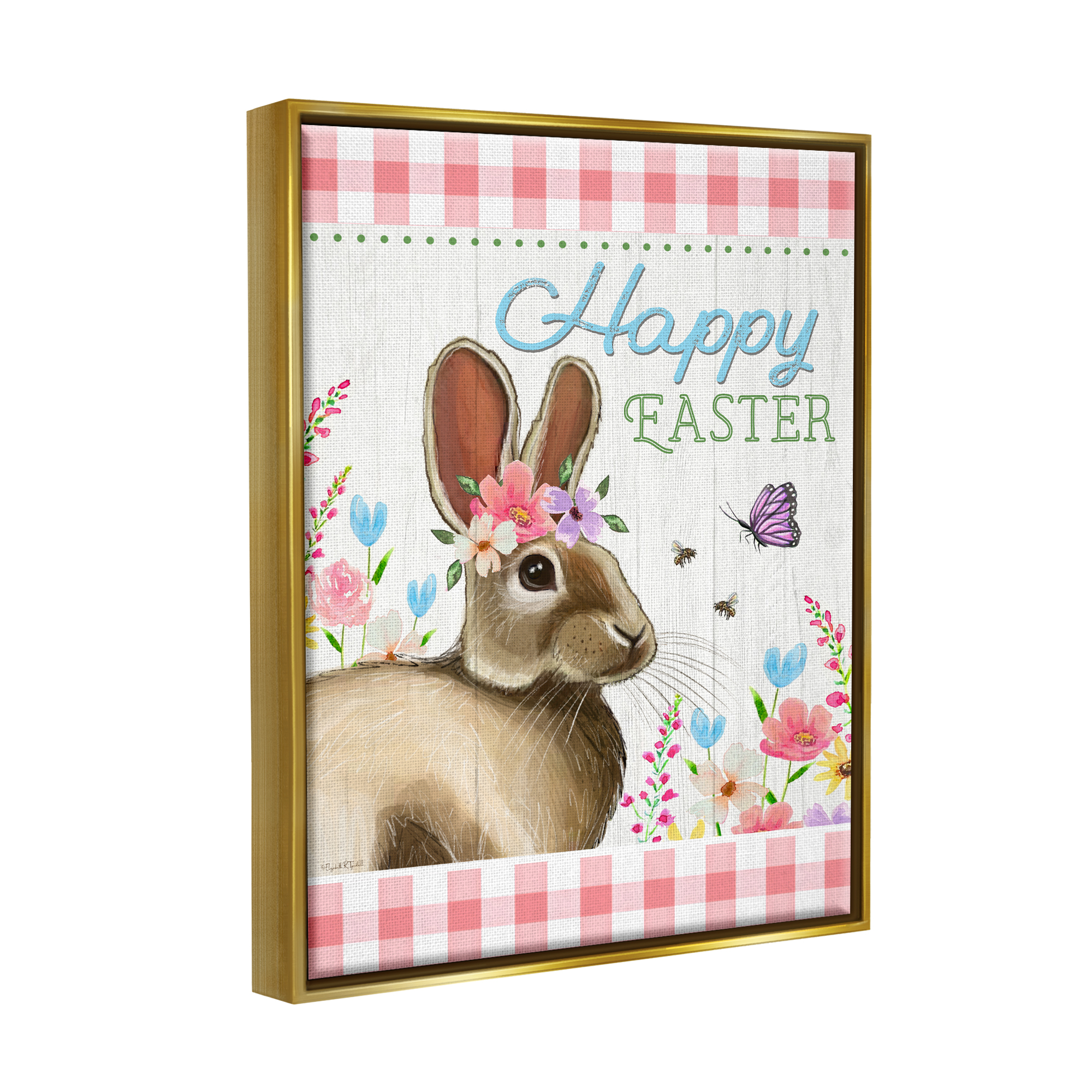 Stupell Happy Easter Floral Gingham Rabbit Holiday Painting Gold Floater Framed Art Print Wall Art