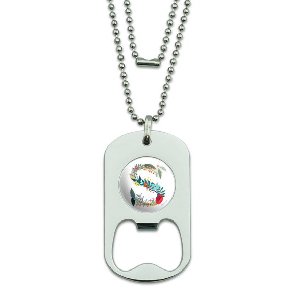Letter S Floral Monogram Initial Military Dog Tag Bottle Opener Pendant
