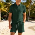 thumbnail image 2 of JUUYY Men's 2 Piece Casual Sets Solid Textured Short Sleeve Button Up Collared Shirts and Drawstring Shorts Set Summer Outfits Army Green L, 2 of 5