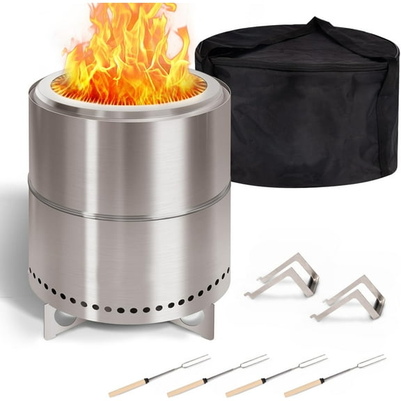 Large Smokeless-fire-pit Outdoor | 15 IN | 304 Stainless-Steel-Firepit | Portable Fire Pits for Outside, Camping | Low Smoke Stove | Wood Burning Chimenea, Inclu. Bag, BBQ Forks, Handles