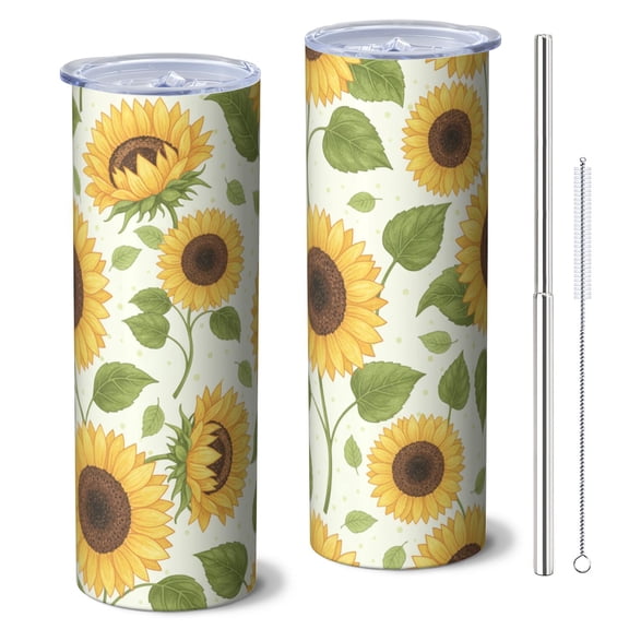 Sunflower 20oz Stainless Steel Skinny Tumbler – Vacuum Insulated Slim Travel Cup with Lid & Stainless Steel Straw, 360° Full Wrap Printed Tumbler for Home, Office & Outdoor Use, Spring