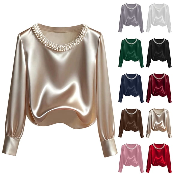 Eiyaclvo Blouses for Women Trendy Silk Satin Shirts Pearl Crew Neck Long Sleeve Pullover Tops Casual Business Work Office Shirts