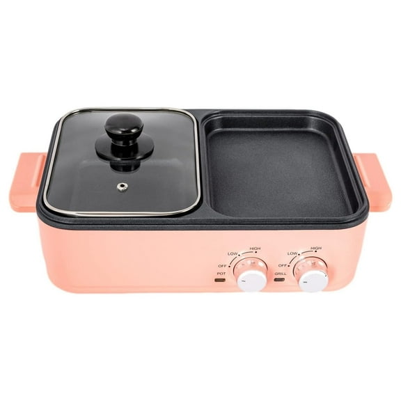 Electric Hot Pot with Grill, 2 in 1 Dual Temperature Control, Smokeless, Fast Heating, Pink