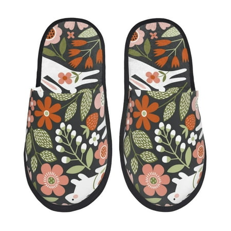 Balery Rabbits on Floral Slient Indoor Furry Fleece Comfort House Shoes Soft Non-Slip Home Shoes Cotton slippers House Slippers-- Large
