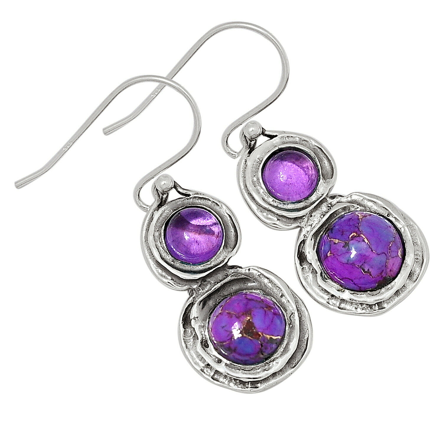 925 Solid Sterling Silver Dangle Hooks Earrings Purple Amethyst Hoops 
