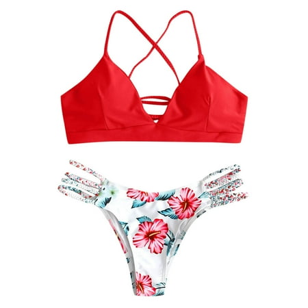 Swimsuits for Women Beachwear Flower Print Pushups Cross-Back Bikini Set Red Bathing Suits for Women M