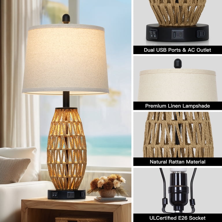Cinkeda 27-Inch Rattan Table Lamp Set of 2 with USB Charging Ports photo 5