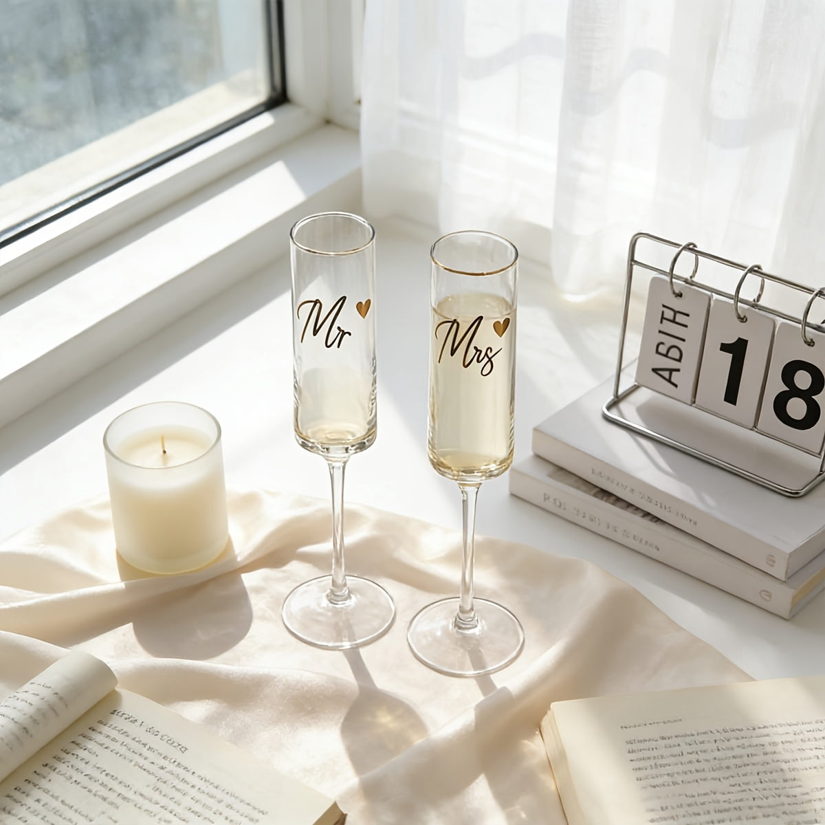 2Pcs Mr & Mrs Champagne Flutes, Golden-Embossed Wedding Toast Glasses, Tulip Stemmed Couple Cups for Wedding Anniversary Bridal Shower and Registry Idea, Perfect Gift for Newlyweds Bride Groom