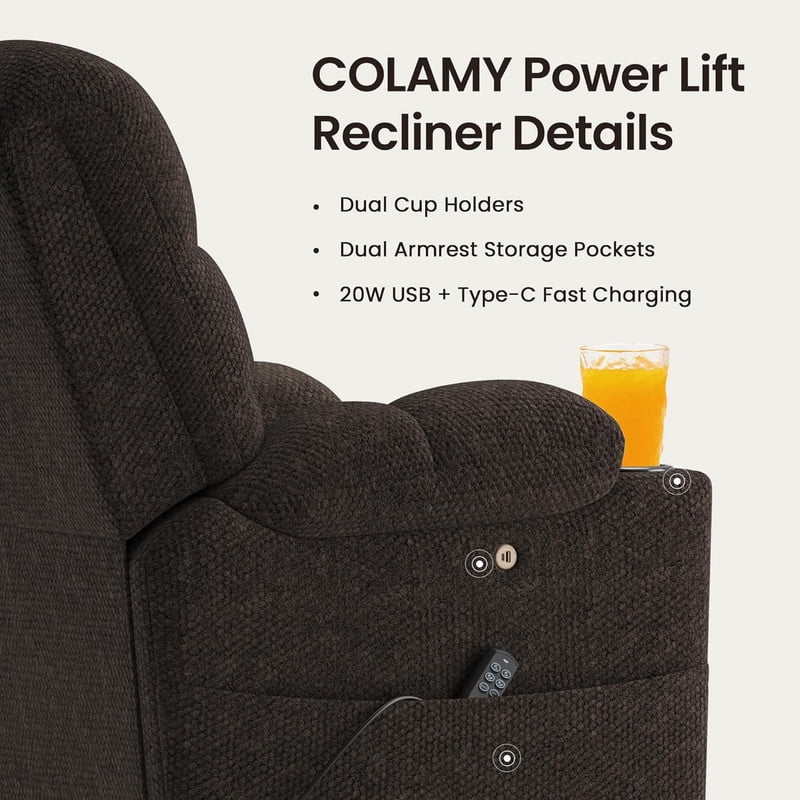 COLAMY Serene Dual Motors Power Lift Recliner Chair with Massage and Heat for Elderly People, Independent Adjustable Backrest Headrest, Extended Footrest，USB Charging Ports and Cup Holders, Coffee