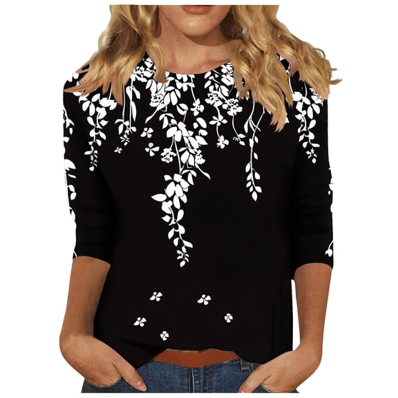 HomeGardon 3/4 Length Sleeve Womens Tops,Women's Tops Women's Casual Floral Print Round Neck Long Sleeve,S-XXXL