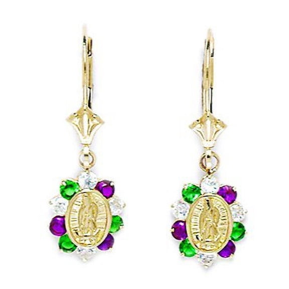 14k Yellow Gold Green and Red CZ Large Virgin Mary Drop Leverback Earrings - Measures 26x9mm