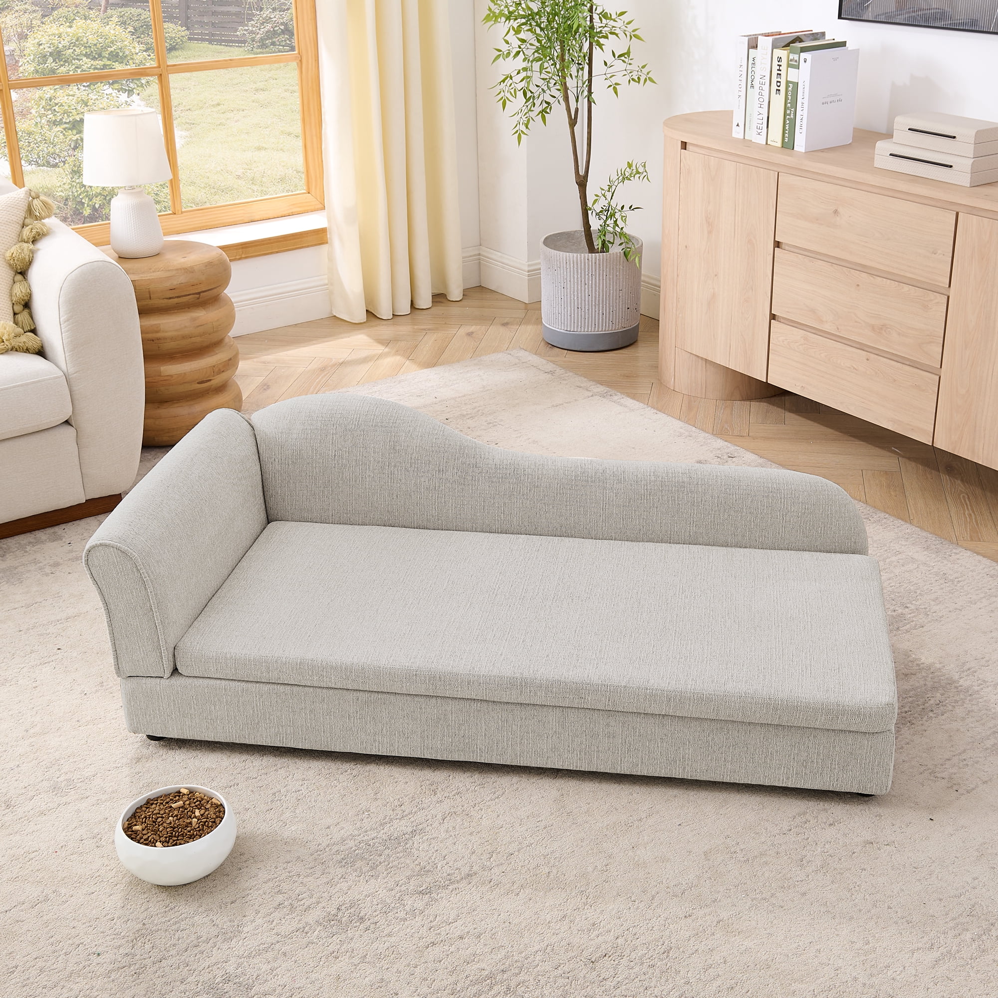 Oversized Pet Sofa for Medium/Large Dogs, Modern Irregular Wave Backrest, Single Armrest, Premium Breathable Linen Fabric, Soft Cushion & Low Plastic Feet, Beige