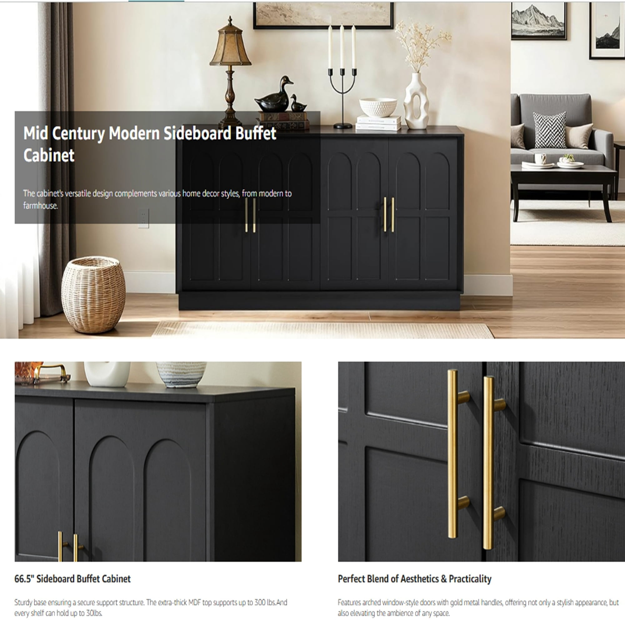 BFJDM 67" Sideboard Buffet Cabinet with Storage, Modern Credenza with Arched Doors, Large Wood Accent Cabinet for Living Room Entryway (Black)