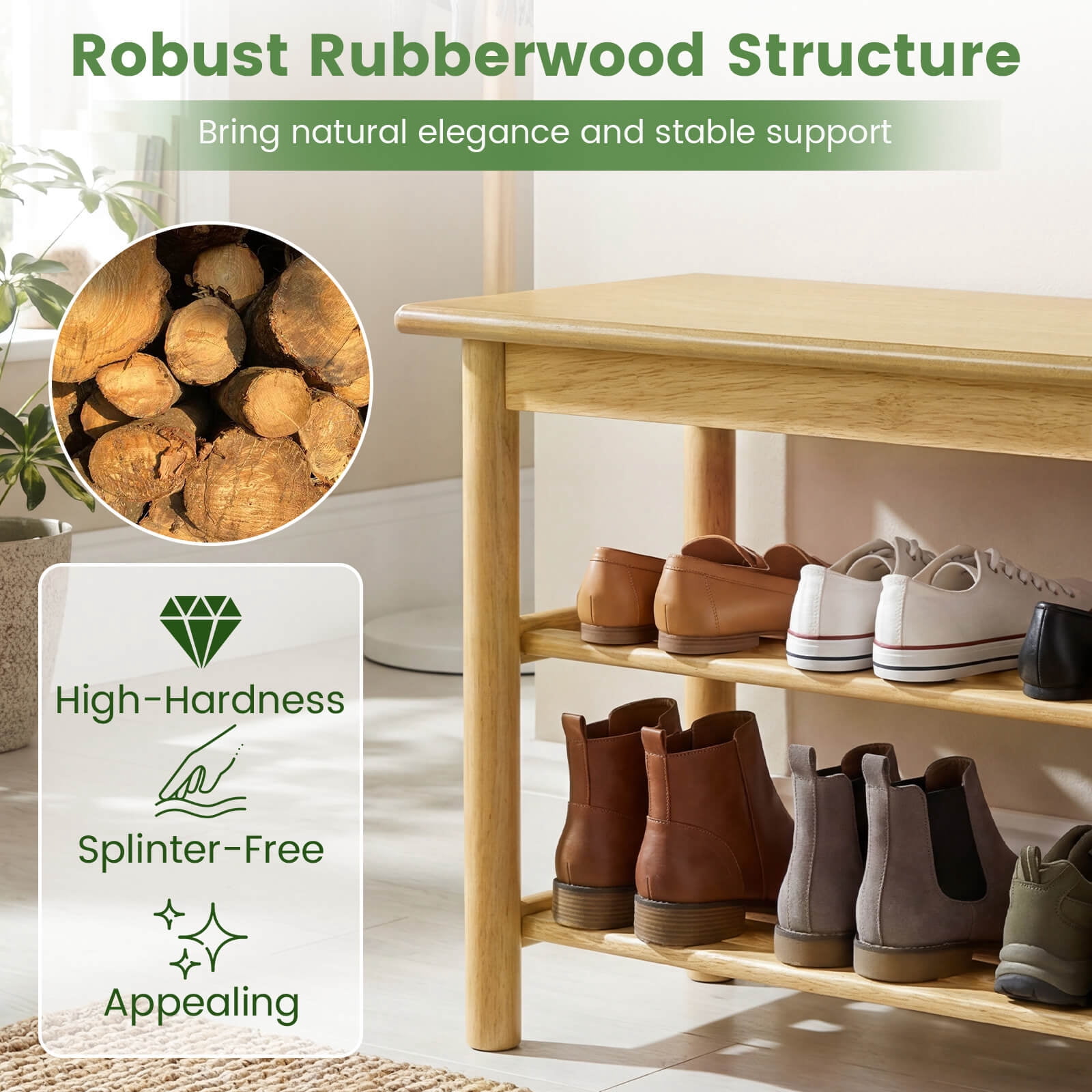 Costway Shoe Rack Bench,3-Tier Rubberwood Freestanding Shoe Changing Bench with Slat Shelve