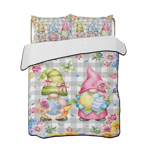 Quilts Queen Size Bedding Set, Easter Gnomes Reversible Summer Quilt 3 Pieces, Spring Floral Eggs Flowers Butterflies Gray Plaid Lightweight Bedspreads Coverlets with 2 Pillow Shams for All Seasons