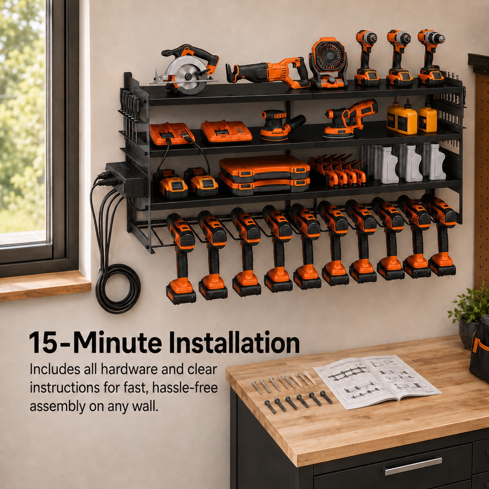 Alvantor 4-Tier Electric Tool Storage Rack with Charging Station, Power Tool Organizer with Screwdriver/Hammer/Air Tool Rack