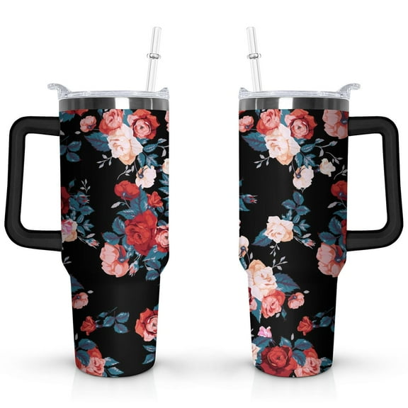 40oz Pioneer Tumbler with Handle Lid and Straw,Colorful Floral Tumblers Gifts for Women Girls Men Adults(Black)