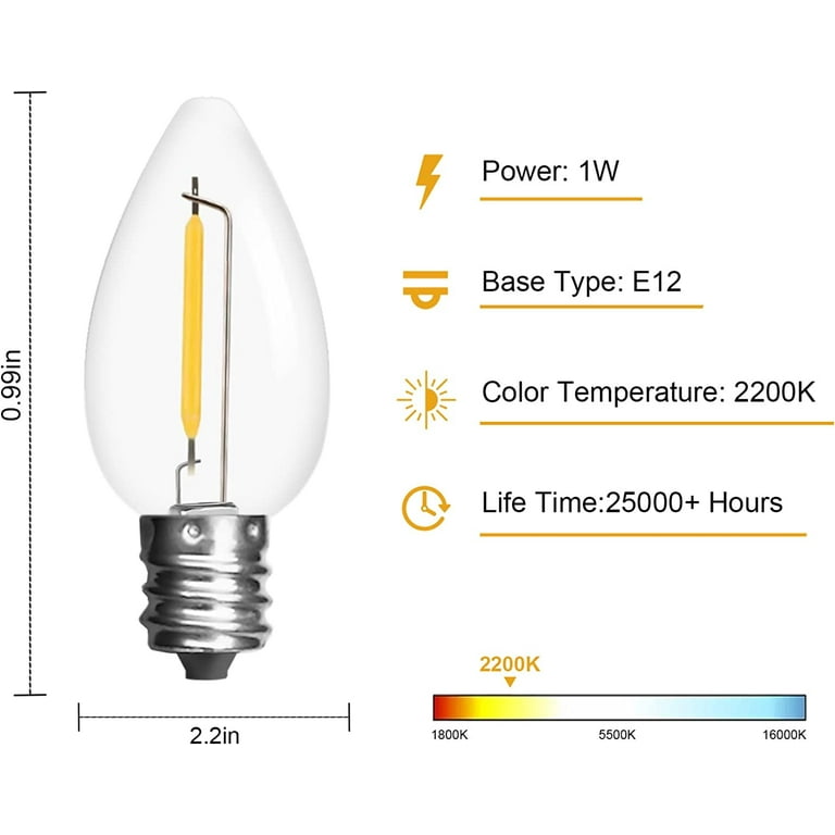 25Pack C7 LED String Light Bulbs Replacement 1W 11W Equivalent 60LM 2200K Warm White Shatterproof E12 Screw Base Vintage Edison Bulbs for Patio