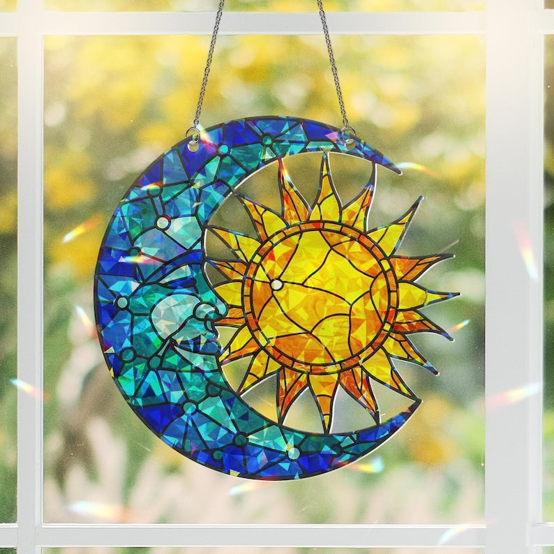 ViciArt Celestial Sun and Moon Acrylic Window Hanging – 12" Holographic Suncatcher, Boho Spiritual Décor