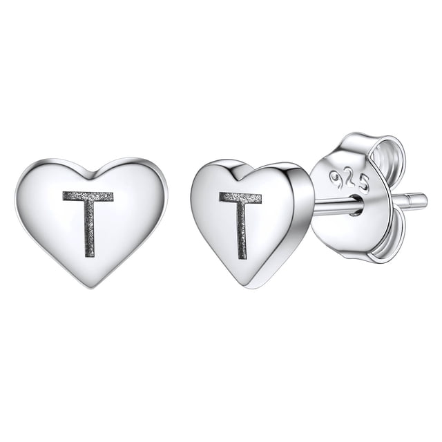 Pendientes de corazón inicial de Silvora, tachuelas de plata esterlina hipoalergénicas para mujer, diminuta letra T, dijes de oreja, regalo de joyería para cumpleaños, día de la madre