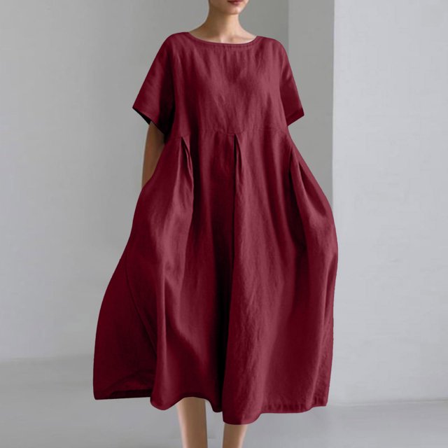 Liquidation d'Été 2025! Robe Grande Taille pour Femmes, Liquidation de Robe d'Été pour Femmes, Mode Femmes Été Décontractée Col Rond Manches Courtes Robe Unie