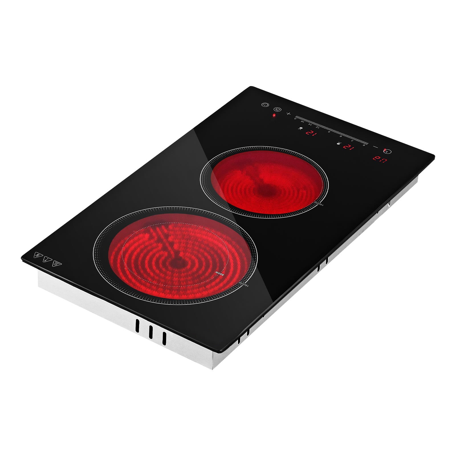 KFFKFF 12-Inch Electric Cooktop with Dual Burners, 1800W Portable Ceramic Stove, Countertop/Built-in Design, Features 16 Power Levels, Timer, Child Safety Lock, Overheat Protection,and Touch Controls