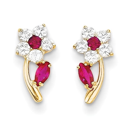 14K Yellow Gold Madi K Clear & Red CZ Flower Post Earrings