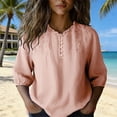 thumbnail image 6 of QUNYINEY Short Sleeve Tee Shirts Womens Summer Pink Cotton Linen Graphic Tees Pullover Loose Fit Button Embroidered V Neck Womens Tops, 6 of 9