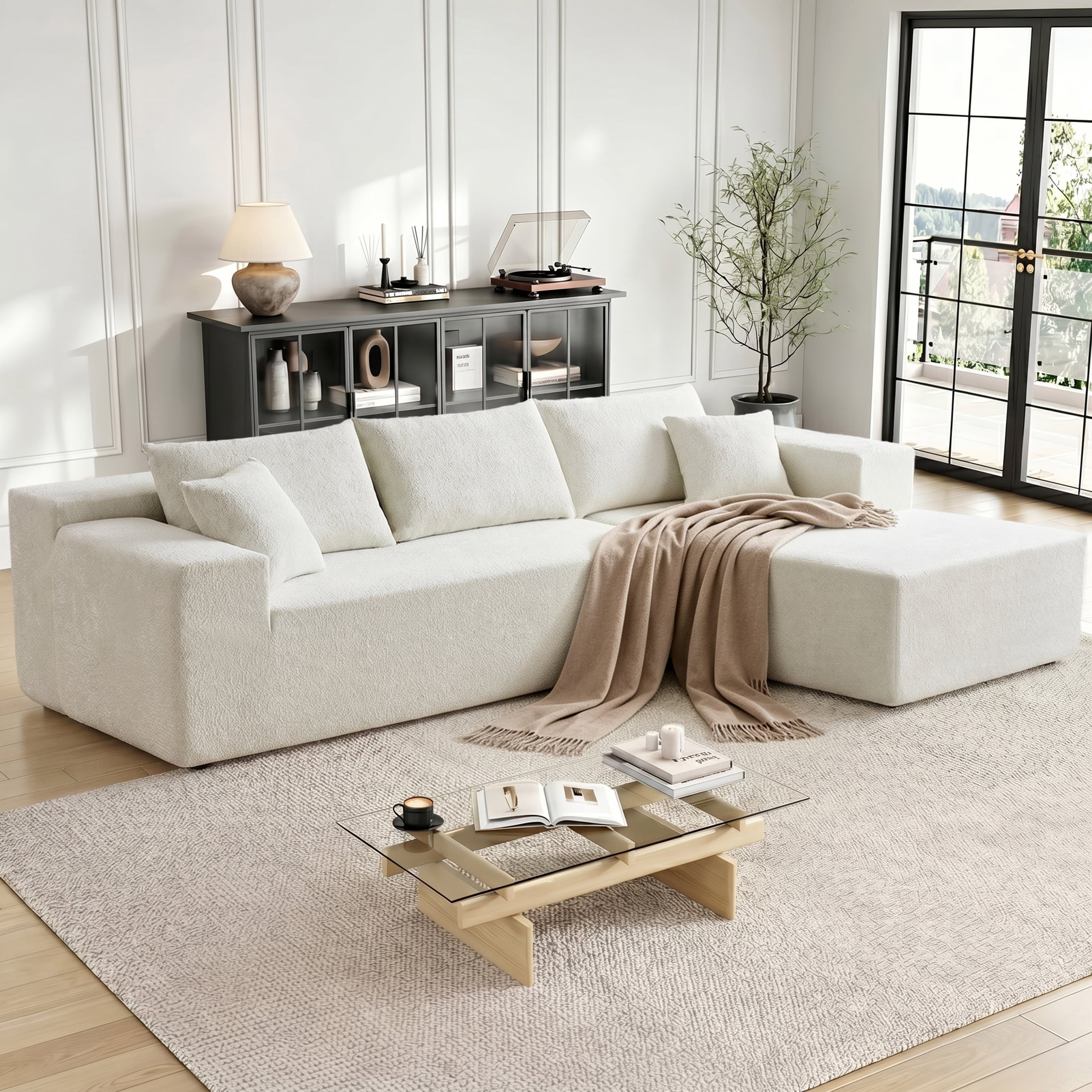 Xiweot 103" Boneless Sectional Sofa for Living Room, Memory Foam Cloud Modular Sectional Couch with Deep Seat, No Assembly Velvet L Shaped Sofa with Right Facing Chaise, Beige