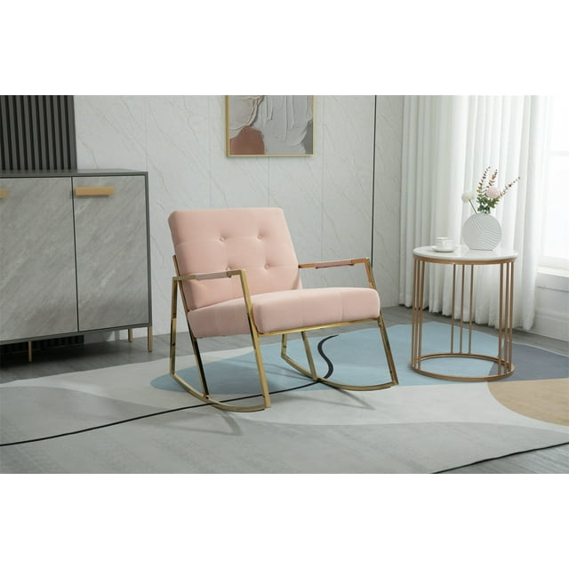 Velvet Fabric Nursery Rocking Chair Modern Accent Upholstered Rocker Chair Button Tufted Glider Rocking Armchair with Metal Frame and Thick Cuchion for Living Room Bedroom Balcony, Pink
