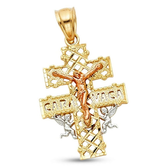 14k Tri Color Gold Cara Vaca Crucifix Pendant Charm Jesus Cross Religious Christian Polished Genuine Solid New 25 mm x 16 mm